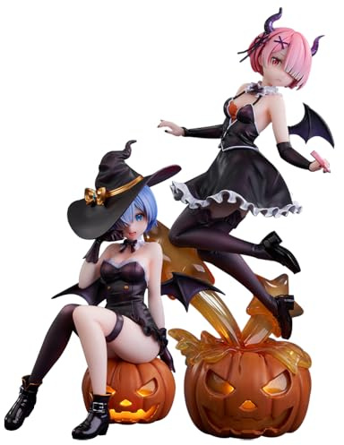 Tongyundacheng Anime Rem and Ram Figure Cute Manga Girl Action Figure Halloween Pumpkin Base Collectible Desktop Ornaments Anime PVC Decoration Gifts for Fans