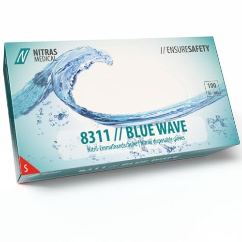 Nitras 8311 BLUE WAVE unsterile, medizinische, lebensmittelgeeignete Nitril-Einmalhandschuhe Farbe blau, puderfrei & latexfrei 100 Stück im Spenderkarton (S)