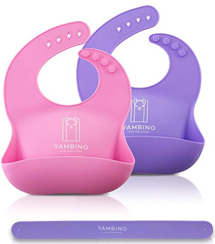 YAMBINO 2er Set Babylätzchen mit Haltegurt 30x22cm - BPA-frei weiches Lätzchen Silikon Auffangschale - Kleckerfrei Essen mit Lätzchen Wasserdicht - einfache Reinigung, spülmaschinenfest (Rosa/Lila)