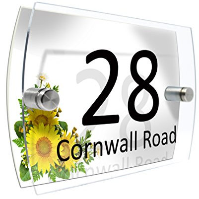 CS Printing House Number Sign Plaque Garden Glass Effect Acrylic Sign Door Plate Marble Wall Display 2 Part Branded Acrylic (Sun Flowers)