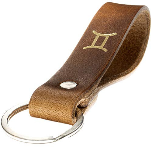 ELBERCRAFT® Schlüsselanhänger Leder Sternzeichen Zwilling Gold geprägt das kleine Geschenk zum Geburtstag für deinen Lieblingsmenschen Frau oder Mann Handmade in Germany