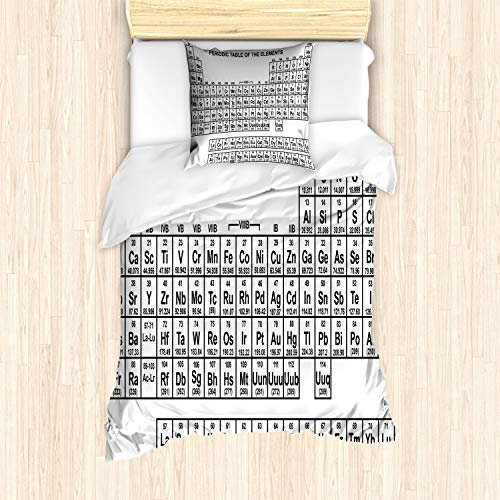 ABAKUHAUS Periodensystem Bettbezug Set für Einzelbetten, Monochrome Wissenschaft, Milbensicher Allergiker geeignet mit Kissenbezug, Schwarz und weiß