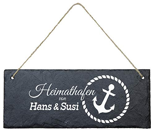 Geschenke 24 Schiefertafel zum Aufhängen Heimathafen (Anker, schwarz/weiß) - Personalisierte Schieferplatte mit Spruch - Eingangstür Haustür - Deko Maritim, Wanddeko