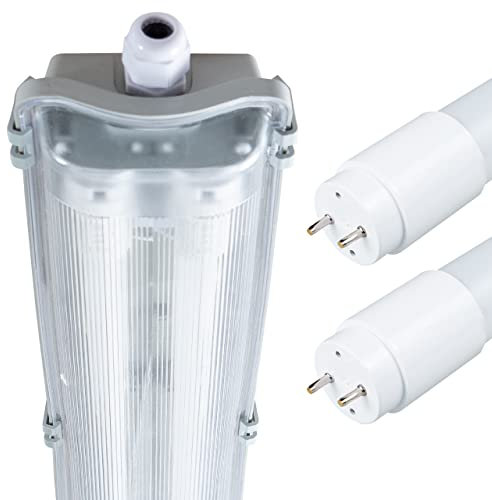 Proventa IP65 Feuchtraumleuchte LED 120cm mit 2x 18W LED-Röhre neutralweiß 4.320 Lumen Klappdeckel Steckklemme Kabeleinführung bis NYM-J 3x2,5mm², leuchtstoffröhre led 120cm