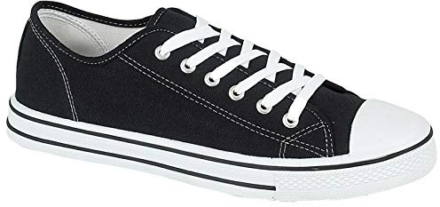 MyShoeStore Men's Canvas Plimsolls Casual Lace Up Low Cut Trainers Flat Rubber Sole Lightweight Sneakers Gym Baseball Sports Skate Retro Pumps Black Size 12 UK