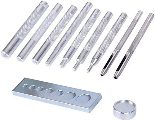 JONMON Leather Craft Tool, Snap Rivet Setter - 11pcs Alloy Steel DIY Kit with Base & Mini Anvil Set for Punching Hole and Installing Rivet Button - Silver