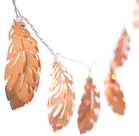Riaxuebiy Roségold Feder Lichterkette Meatl Blätter Geometrische Lichterkette Batteriebetriebene Laternenlampen für Schlafzimmer Garten Hochzeitsdekoration(Blätter, 3m/20LED)