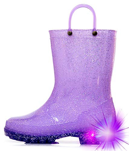Hugrain Adorabili stivali di gomma luminosi per bambini con manici facili da indossare, Glitter viola., 24 EU