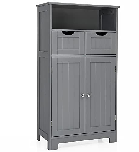 GIANTEX Badezimmerschrank Sideboard, Badschrank Beistellschrank aus Holz, Bad Kommode mit Schubladen & Schrankteil & offenem Regal, verstellbare Regalebene, Aufbewahrungsschrank Wohnzimmer (grau)
