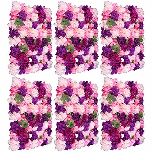 Lot de 6 panneaux muraux de roses artificielles en soie pour décoration de mariage, maison, jardin, fête, 60 x 40 cm, rose violet + feuilles vertes