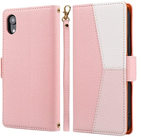 ZCDAYE Phone Case for iPhone XR Wallet Case with Card Slots Wrist Strap, Folio Flip Leather Cover for iPhone XR - Splicing Pink