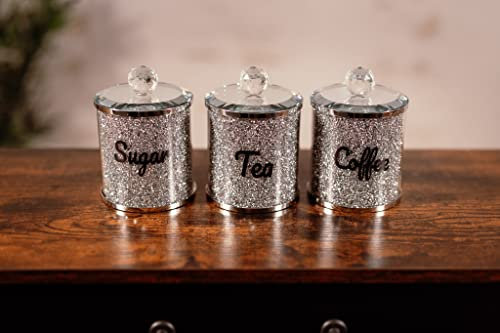 Marco Paul Stylish Set of 3 Crushed Diamond Mirror Crystal Filled Canister - Lightweight Silver Sparkle Glitter Design Containers Decorative Kitchen Storage Accessories for Tea, Coffee and Sugars