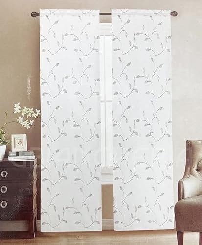 GBiancheria Coppia Tende SORAYA con Foglie Ricamate per Finestra 60x150 e Portefinestra 60x240 (Ricamo Bianco, 60x240cm)