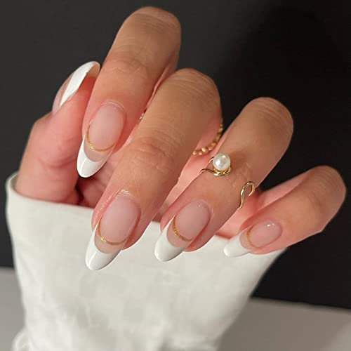 JUSTOTRY 24 Pcs Stiletto False Nails Short, Milky and Gold French Press on Nail Pattern, Cute Nude Fake Nails Short, Almond Stick on Nail for Women, Nails Fake for Nail Art