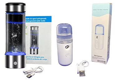 2VABU PACK Botella de Agua Hidrogenada + Vaporizador Facial, Generador Portátil de Agua Hidrogenada de 450 ml, Agua de Hidrógeno en Minutos, Botella Hidrogenadora para el Trabajo, Deporte, Regalos