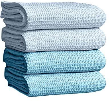 Comfisoft Küchenhandtücher Geschirrtücher 4er Set 100% Baumwolle Waffeltücher Geschirrhandtücher Geschirrtuch Putzlappen Küchentücher mit Aufhängeschlaufe (Hell & Dunkelblau, 65x45cm)
