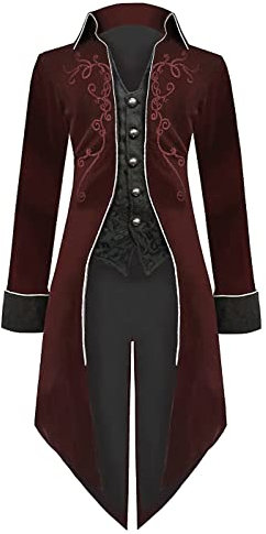 Herren Mittelalter Steampunk Jacke Gothic Frack Mantel Faschingskostüme,Renaissance Retro viktorianische Hof Stickerei Mantel, Halloween Piraten Vampir Cosplay Kostüme für Männer(Rot,2XL)