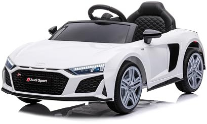 Baroni Home Auto Macchina Elettrica per Bambini Audi R8 Sport, 12V Con MP3, Macchina telecomandata Full Optional, sedile in Eco pelle, porte apribili, Velocità 3-5 km/h, con Telecomando, Bianco