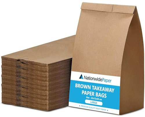 NationwidePaper 50pcs Large Brown Paper Bags, Strong Kraft Paper Bags for Takeaway Grocery, Vegetable, Fruits, Food, Lunch (22x12x30cm)