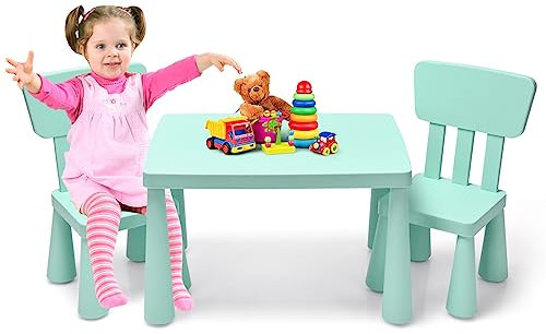 LIFEZEAL Kindertisch mit 2 Stühlen, Niedliche Kindersitzgruppe aus Kunststoff, Kindermöbel mit mit Rückenlehne & Runden Kanten, Kindertisch und Stuhl Set für Mädchen & Jungen (Grün)