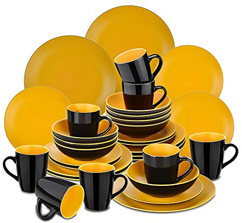 MyncbD Ceramic tableware 16/32/48 Piece Matte Black Red Crockery Dinnerware Set with Dinner Dessert Plate Bowl Mug Tablewar (Color : 32-Piece Yellow)