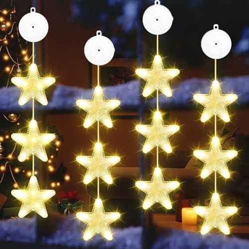 VEEKAY 4er Set LED Weihnachtsbeleuchtung, Saugnapf Weihnachten Lichter,12 x Stern Weihnachtselemente,Warmweiß Lichtervorhang mit Timer,Batteriebetrieben,für Weihnachtsdeko