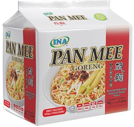 INA Pan Mee Dried Chilli Shrimp Flavour Stir-Fried Noodles 90g (Pack of 5) HALAL