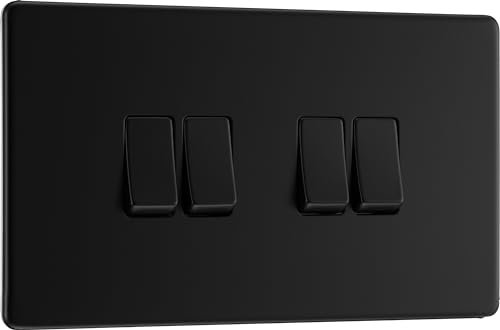 BG Electrical FFB44 Interrupteur mural quadruple 2 voies Plaque frontale sans vis Profil fin Noir mat 20 A 16 AX