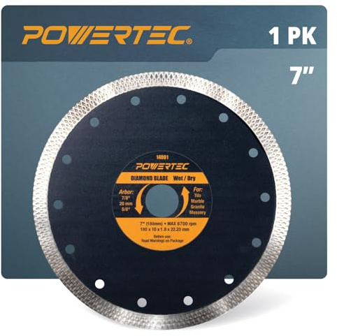 POWERTEC 14001V 7 Diamond Blade for Tile Saw, Diamond Saw Blades for Cutting Tile, Granite, Marble and Thin Masonry, 1 Pack