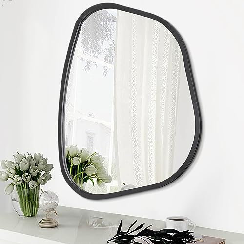 HLFMVWE Black Asymmetrical Wall Mirror Irregular Mirror for Wall Modern Wood Frame Unique Shape Vanity Artistic Decorative for Living Room Bedroom Bathroom Entryway Hallway Large 40 x 30CM