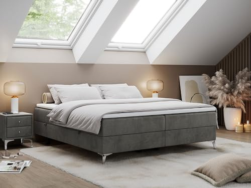 MKS MEBLE Boxspringbett Less 200x200 cm, Bett mit Bettkasten, Multipocket Matratze H3 7-Zonen, Topper T25, minimalistisches Doppelbett – Dunkelgrau Velvet