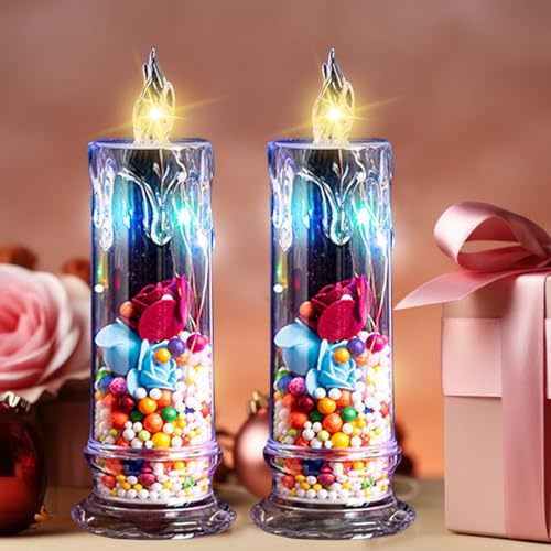 LED Kerzen Rose Deko Flammenlose Kerzen, 2 Stück Batterie Kerzen Dekorative Set, LED Stumpen Kerzen Für Valentinstag, Vorschläge, Jahrestag, Hochzeits Deko, Geschenke Für Mama Frauen (B)