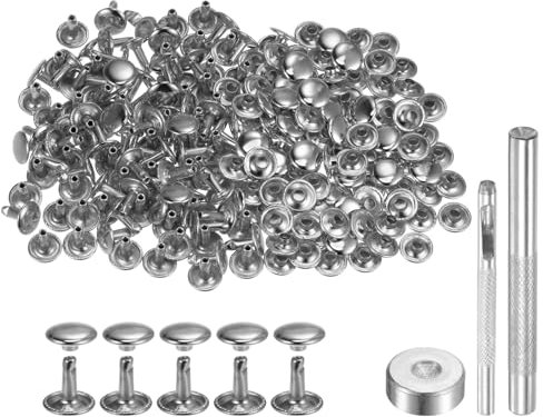 QUARKZMAN 100 Ensembles de Rivets en Cuir 10 x 10mm, Attaches à Double Capuchon en Métal, Attaches Pression, avec 3 Outils de Pose, pour Projets d'Artisanat en Cuir, Ton Argenté
