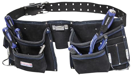 Marsupio doppio portautensili e chiodi Faithfull in pelle scamosciata - Cintura portautensili a 10 tasche con passanti per martello e cintura con occhielli regolabile (misura: 32-44 pollici) - Nero