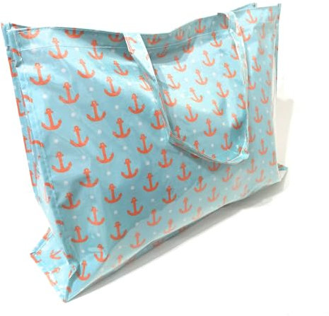 BRANDELIA Bolso grande Playa Plástico Reciclado Multiuso Piscina Picnic Compras Bolso de verano familiar Impermeable con Cremallera y Bolsillo interior, Ancla Celeste