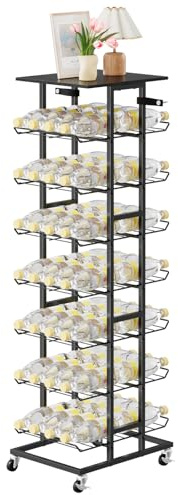 Water Bottle Storage Rack - 7 Tier Free Standing Organizer With Wheels, Mobile Bottled Holder Stand for Floor, Space Saver Metal Beverage Soda Drink Shelf for Kitchen, Outdoor Party
