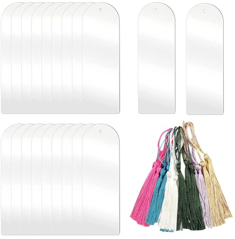 20 Stück leere Acryl-Lesezeichen, klare Lesezeichen, einfarbige Lesezeichen zum Basteln, DIY-Lesezeichen, Lesezeichen, Geschenkanhänger mit 20 Quasten