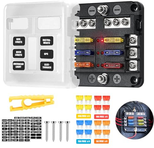HOISGEAR 6 Voies Boîte à Fusibles, Fusible Lame ATC/ATO 12V/24V Bloc de fusibles à lame DC 12V 100A Boîte à fusibles avec 16pcs fusibles et indicateur LED Couverture de protection pour véhicule
