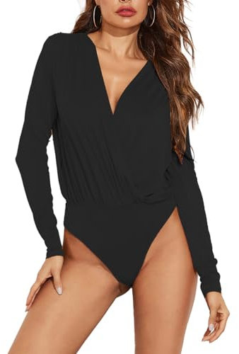 EMOTTOS Women's Sexy Wrap Bodysuit, Slim Fit Cross V Wrap Leotard, Soft Crop Top Ruched Body Suit, Sexy Irregular Jumpsuit for Women (Black,S-XL)