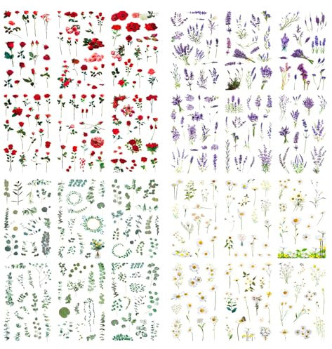 GROVBLE 24 Blatt Blumen Sticker (360+ Motive), Wasserfeste Transparente PET Aufkleber für Scrapbooking, Fotoalbum, Tagebücher und Karten