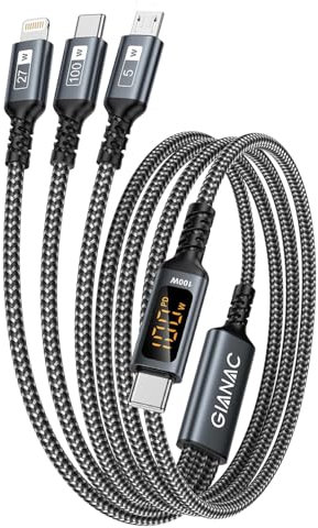 100W Cable USB C a Multi Cable de Carga Rapida con Pantalla LED [1.2M] Cargador Cable 3 en 1 Múltiples Micro USB C Tipo C Lightning Cable para MacBook Pro/Air,Google Pixel,Galaxy,iPhone 15,Huawei