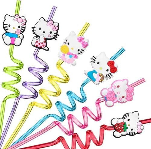 6 Pcs Cartone Animato Cannucce Riutilizzabile per Bambini e Adulti - Cute Anime Cat Colore Straw per Succo di Tè, Bevande da Cocktail e Raduno di Festa