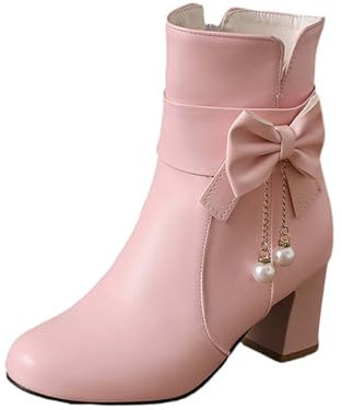 Stivaletti da donna con tacco elegante, con tacco a blocco, in pelle, a mezza gamba, tinta unita, con punta tonda, da donna, Colore: rosa., 36 EU