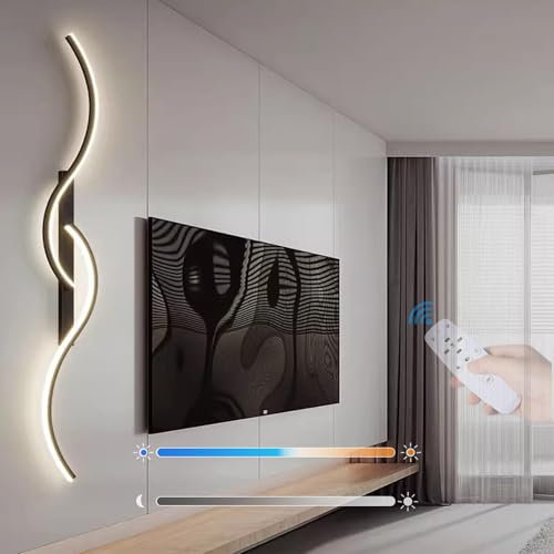 GZZBMY Applique Murale LED Intérieure Lampe Murale avec Télécommande Luminaire Mural Dimmable 2700-6500K Aluminium Éclairage Mural Lignes Simples pour Chambre Couloir Escalier (Noir,60cm)