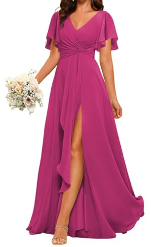 Vestido de dama de honor de princesa con cuello en V, mangas con vuelo, vestidos de graduación, vestido formal de fiesta de noche con abertura, fucsia, 42