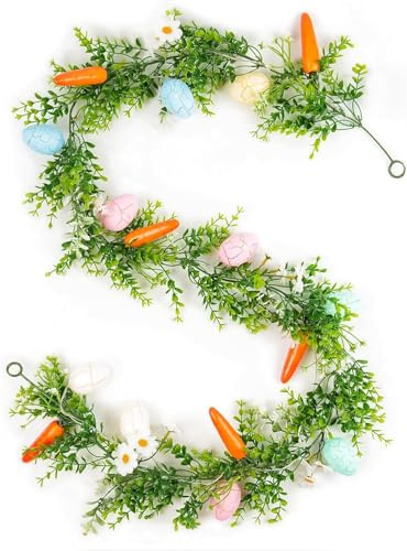 6FT LED Ostergirlande mit Lichtern, Osterdeko 180cm, Künstliche Eier Karotten Blumen, Frühlingsdeko für Zuhause, Wetterfeste Girlande für Tür Fenster Kamin Innen & Außen