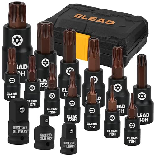 16-Piece Torx Bit Socket Set - Premium S2 Steel European Style T8-T60 with Socket Adapters, Star Bit Socket Set 1/4”, 3/8” and 1/2” Drive | Professional Mechanic Garage Tools