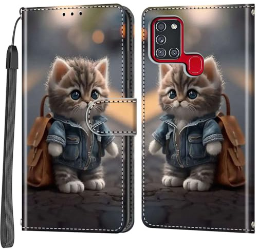 Handyhülle für Samsung Galaxy A21s Hülle, Katze | Kartenfach, Standfunktion, Magnetische, Klappbar PU Lederhülle, Stoßfeste, Faltbar Klapphülle, Handytasche