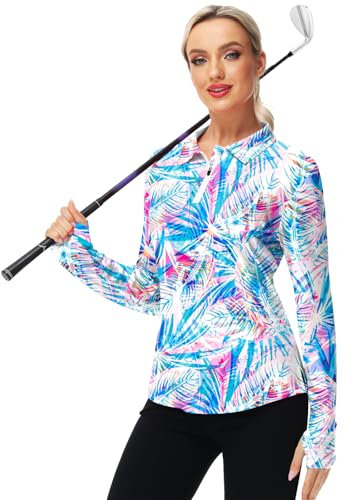 AOBUTE Women's Long Sleeve Golf Shirts Zip Polo Tennis Top with Thumb Hole, Blue Leaves, L