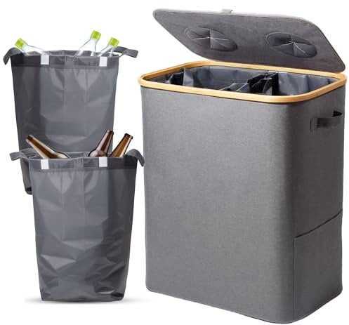 SYLANDO 140L Pfandflaschen Sammelbehälter mit Deckel & XXL Tragetaschen, Flaschensammler für Leergut & Altglas, 2 Fächer Organizer mit Lochdesign, Recycling Behälter für Küche & Abstellraum (Grau)